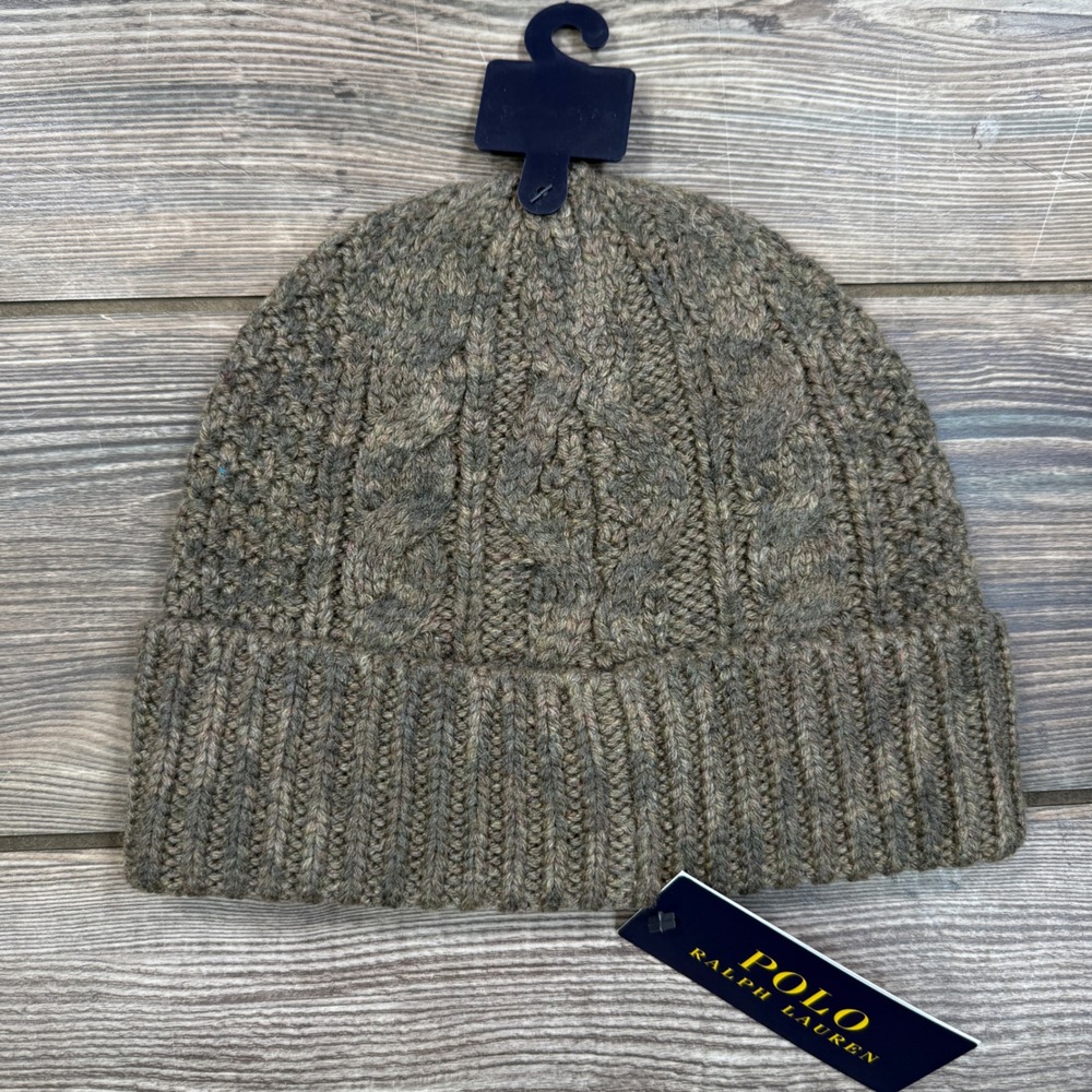 Polo Ralph Lauren Olive Camo Cable Knit Beanie Cuff Wool Green Camouflage NWT - Picture 5 of 5